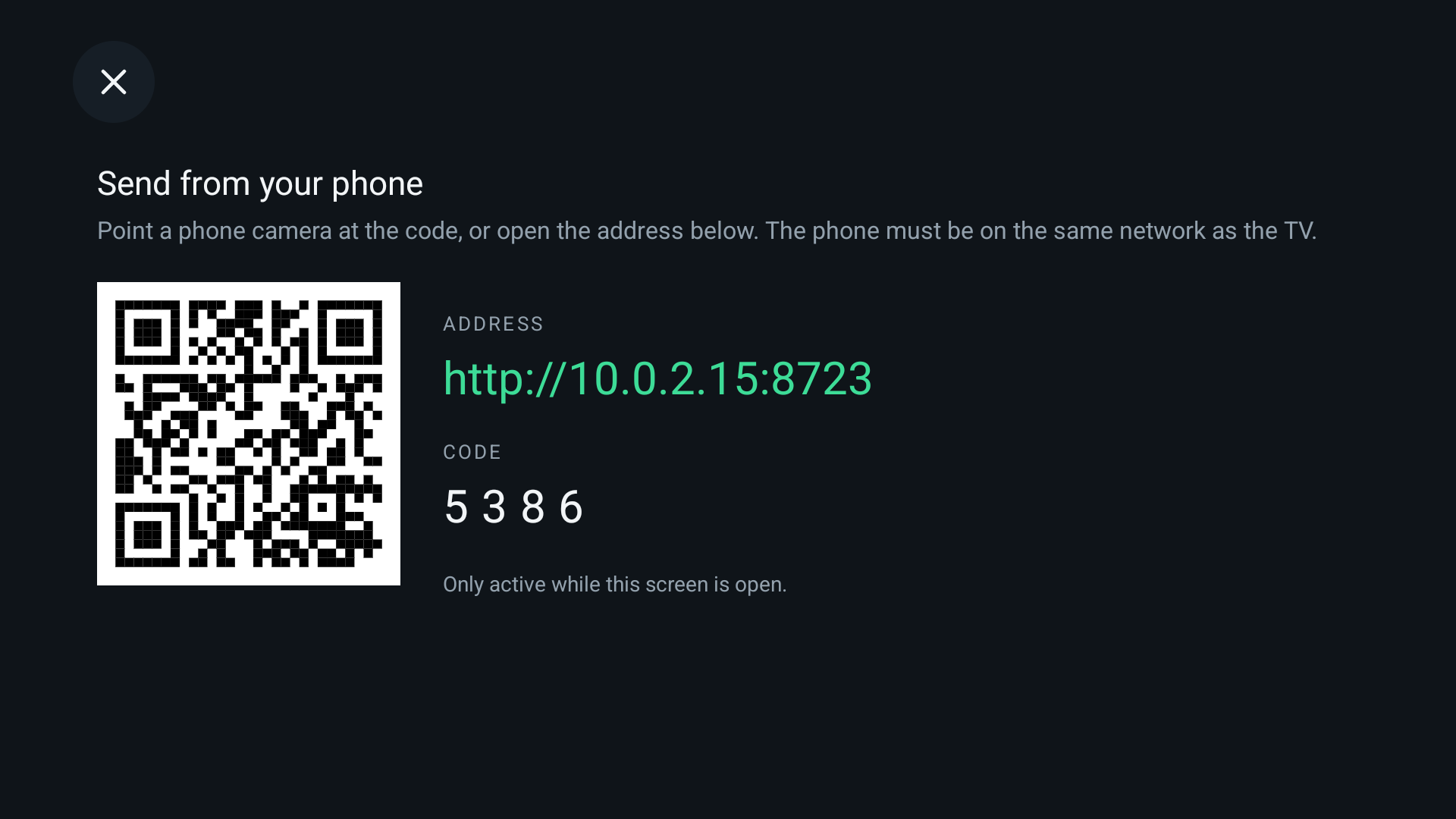 A QR code for sending a web address from a phone to the TV